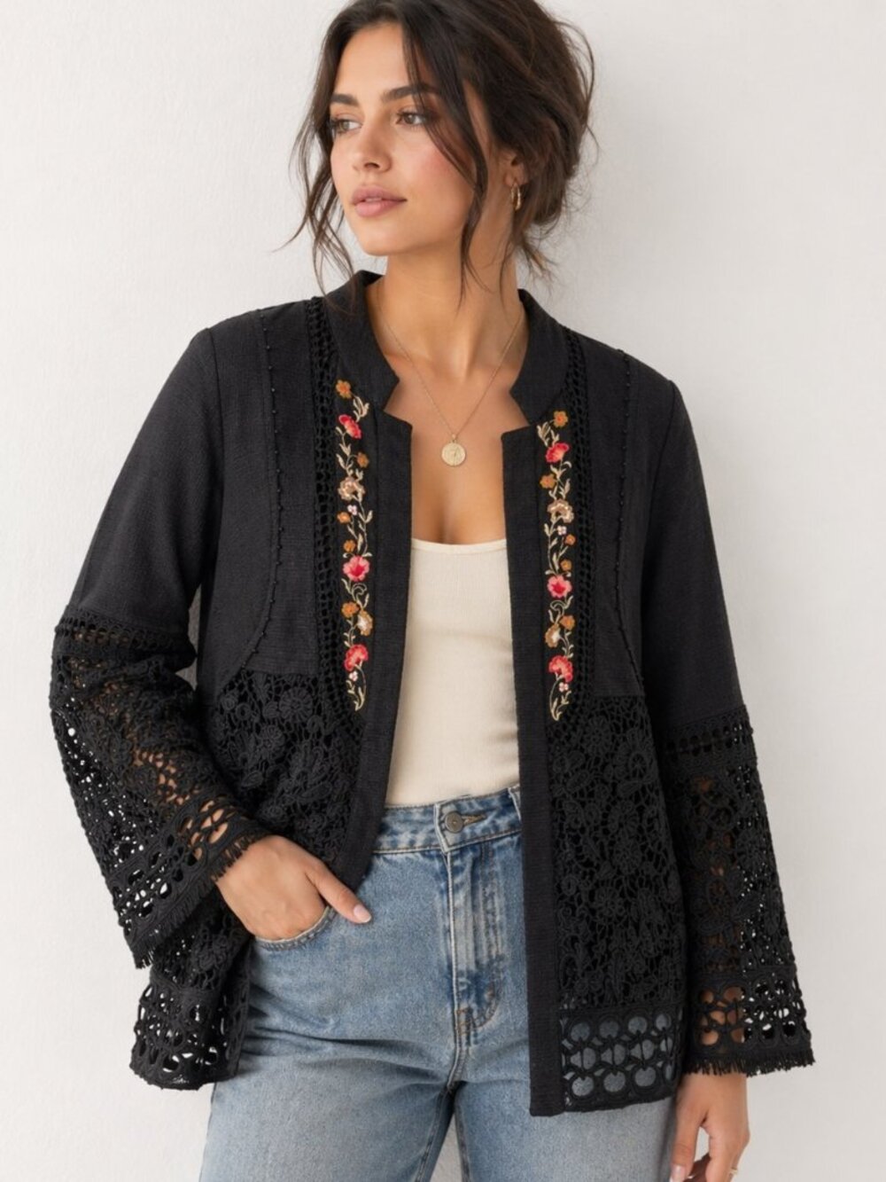 Chico's Embroidered Lace Jacket Womens M Black Open Front Boho Casual Whimsigoth